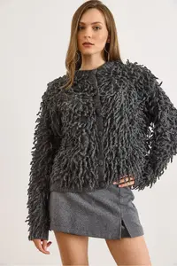 Olalook Women's Smoked Coated Buttoned Tassel Knitwear Cardigan - Image 2