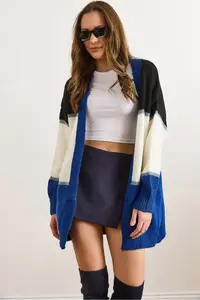 Olalook Women's Blue White Color Blocked Glitter Detailed Oversize Knitwear Cardigan