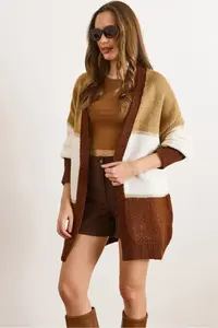 Olalook Women's Camel Brown Color Blocked Glitter Detailed Oversize Knitwear Cardigan