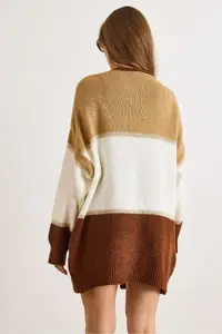Olalook Women's Camel Brown Color Blocked Glitter Detailed Oversize Knitwear Cardigan - Image 2