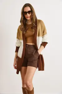 Olalook Women's Camel Brown Color Blocked Glitter Detailed Oversize Knitwear Cardigan - Image 3