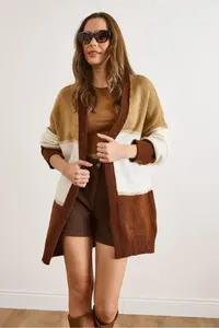 Olalook Women's Camel Brown Color Blocked Glitter Detailed Oversize Knitwear Cardigan - Image 5