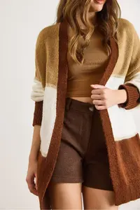 Olalook Women's Camel Brown Color Blocked Glitter Detailed Oversize Knitwear Cardigan - Image 6