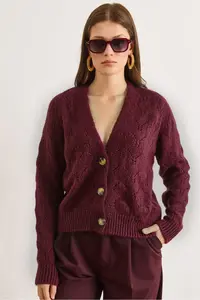 Olalook Women's Purple Openwork Soft Textured Knitwear Cardigan