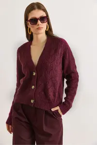 Olalook Women's Purple Openwork Soft Textured Knitwear Cardigan - Image 2