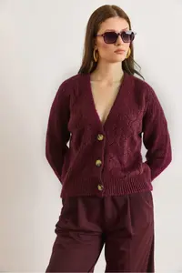 Olalook Women's Purple Openwork Soft Textured Knitwear Cardigan - Image 4