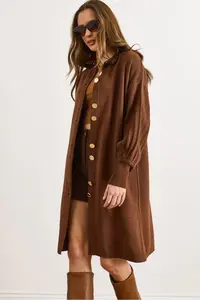 Olalook Women's Bitter Brown Button Detailed Overcoat Cardigan