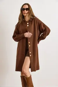 Olalook Women's Bitter Brown Button Detailed Overcoat Cardigan - Image 3