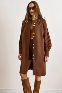 Olalook Women's Bitter Brown Button Detailed Overcoat Cardigan - Image 4