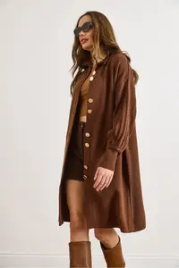 Olalook Women's Bitter Brown Button Detailed Overcoat Cardigan - Image 5