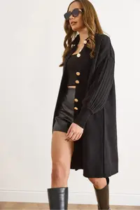 Olalook Women Black Button Detailed Coat Cardigan