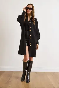 Olalook Women Black Button Detailed Coat Cardigan - Image 2