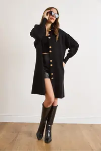 Olalook Women Black Button Detailed Coat Cardigan - Image 4