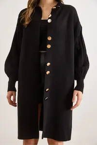Olalook Women Black Button Detailed Coat Cardigan - Image 5