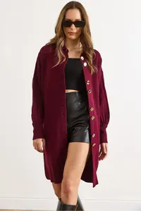 Olalook Women Burgundy Button Detailed Coat Cardigan