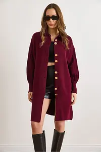 Olalook Women Burgundy Button Detailed Coat Cardigan - Image 2