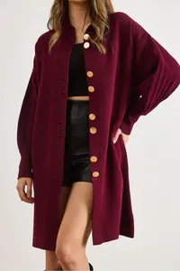 Olalook Women Burgundy Button Detailed Coat Cardigan - Image 4