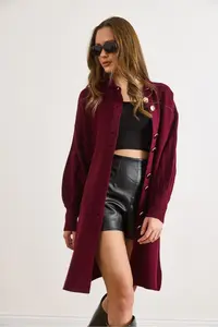 Olalook Women Burgundy Button Detailed Coat Cardigan - Image 5