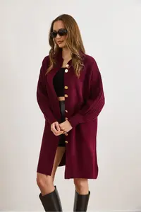 Olalook Women Burgundy Button Detailed Coat Cardigan - Image 6