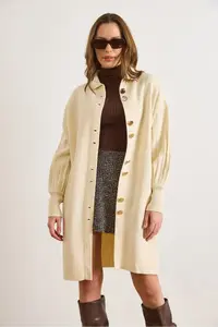 Olalook Women Ecru Button Detailed Coat Cardigan - Image 2
