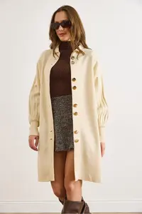 Olalook Women Ecru Button Detailed Coat Cardigan - Image 5