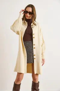 Olalook Women Ecru Button Detailed Coat Cardigan - Image 6