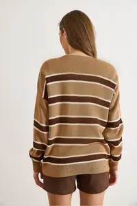 Olalook Women's Beige Brown Striped Oversize Knitwear Cardigan - Image 2