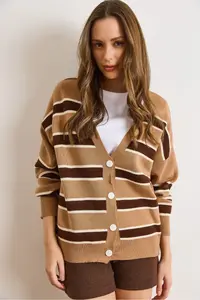 Olalook Women's Beige Brown Striped Oversize Knitwear Cardigan - Image 4