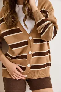 Olalook Women's Beige Brown Striped Oversize Knitwear Cardigan - Image 6
