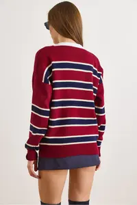 Olalook Women's Burgundy Navy Blue Striped Oversize Knitwear Cardigan - Image 2