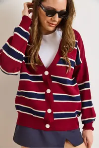 Olalook Women's Burgundy Navy Blue Striped Oversize Knitwear Cardigan - Image 3