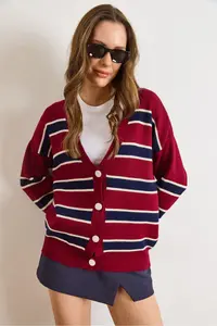 Olalook Women's Burgundy Navy Blue Striped Oversize Knitwear Cardigan - Image 4