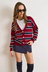 Olalook Women's Burgundy Navy Blue Striped Oversize Knitwear Cardigan - Image 5