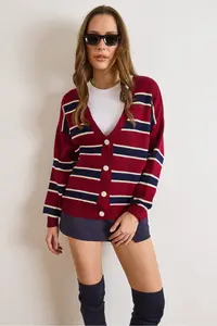 Olalook Women's Burgundy Navy Blue Striped Oversize Knitwear Cardigan - Image 6