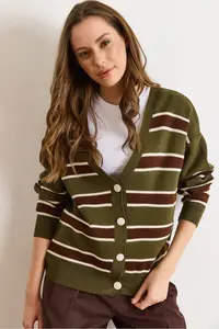 Olalook Women's Khaki Brown Striped Oversize Knitwear Cardigan