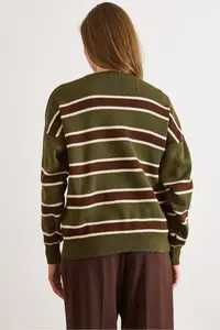 Olalook Women's Khaki Brown Striped Oversize Knitwear Cardigan - Image 2