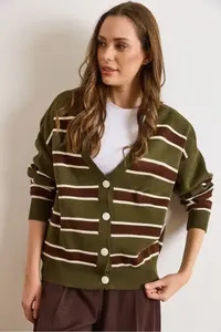 Olalook Women's Khaki Brown Striped Oversize Knitwear Cardigan - Image 3
