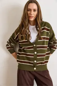 Olalook Women's Khaki Brown Striped Oversize Knitwear Cardigan - Image 4