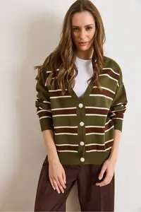 Olalook Women's Khaki Brown Striped Oversize Knitwear Cardigan - Image 5
