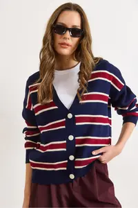 Olalook Women's Navy Blue Claret Red Striped Oversize Knitwear Cardigan