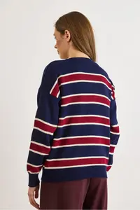 Olalook Women's Navy Blue Claret Red Striped Oversize Knitwear Cardigan - Image 2