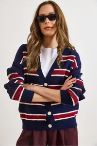 Olalook Women's Navy Blue Claret Red Striped Oversize Knitwear Cardigan - Image 3