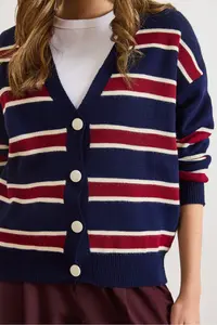 Olalook Women's Navy Blue Claret Red Striped Oversize Knitwear Cardigan - Image 4
