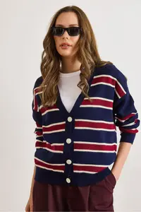 Olalook Women's Navy Blue Claret Red Striped Oversize Knitwear Cardigan - Image 5