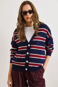 Olalook Women's Navy Blue Claret Red Striped Oversize Knitwear Cardigan - Image 6