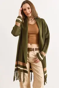 Olalook Women's Khaki Fringed Slit Shawl Collar Knitwear Cardigan