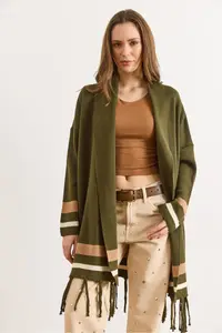 Olalook Women's Khaki Fringed Slit Shawl Collar Knitwear Cardigan - Image 2