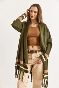 Olalook Women's Khaki Fringed Slit Shawl Collar Knitwear Cardigan - Image 3