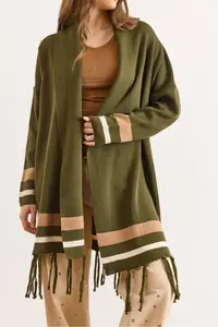 Olalook Women's Khaki Fringed Slit Shawl Collar Knitwear Cardigan - Image 4