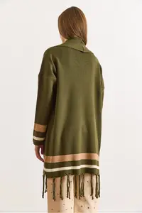 Olalook Women's Khaki Fringed Slit Shawl Collar Knitwear Cardigan - Image 5